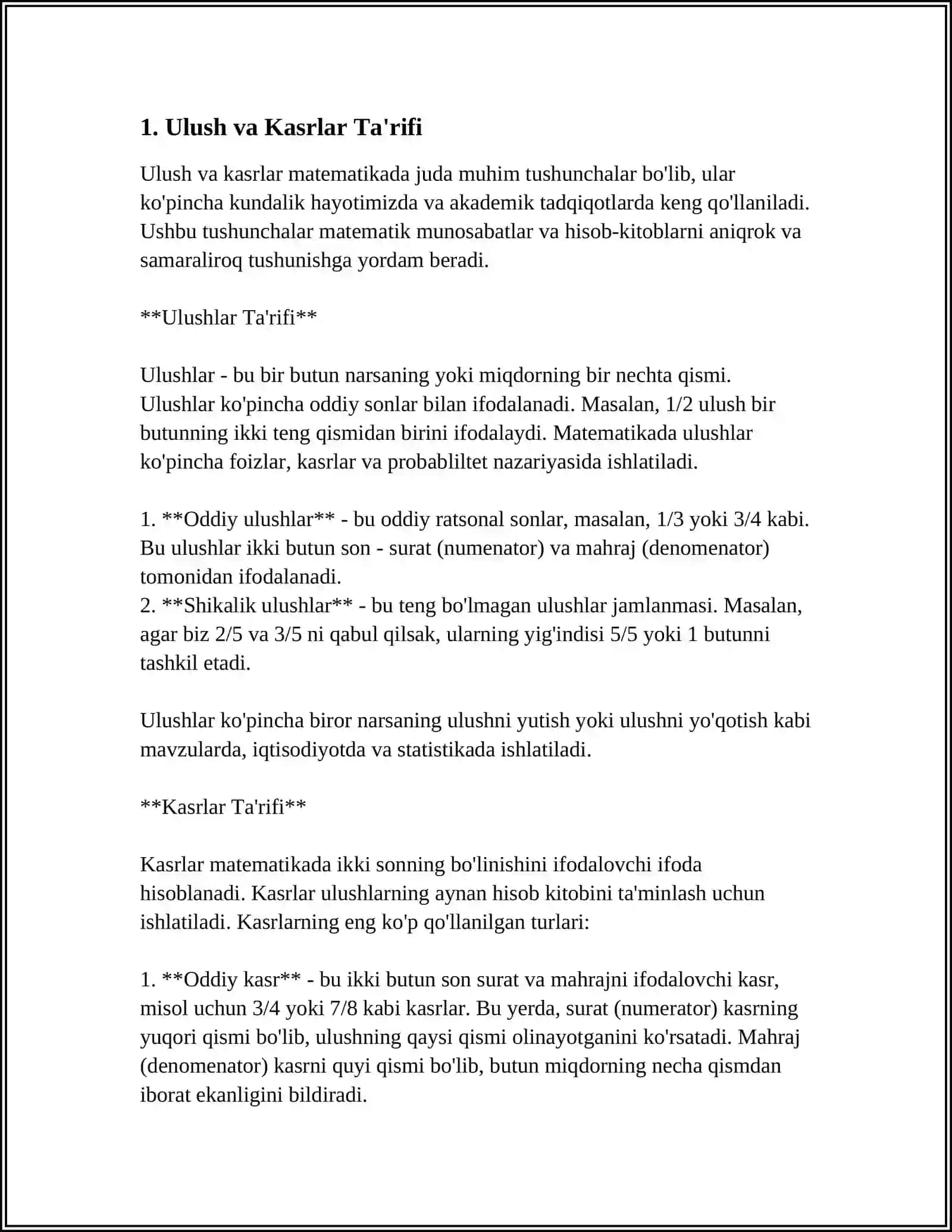 ULUSH VA KASR, O'NLIK KASR MAVZUSINI O'RGANISHDA KO'RGAZMALILIKDAN FOYDALANISH 3