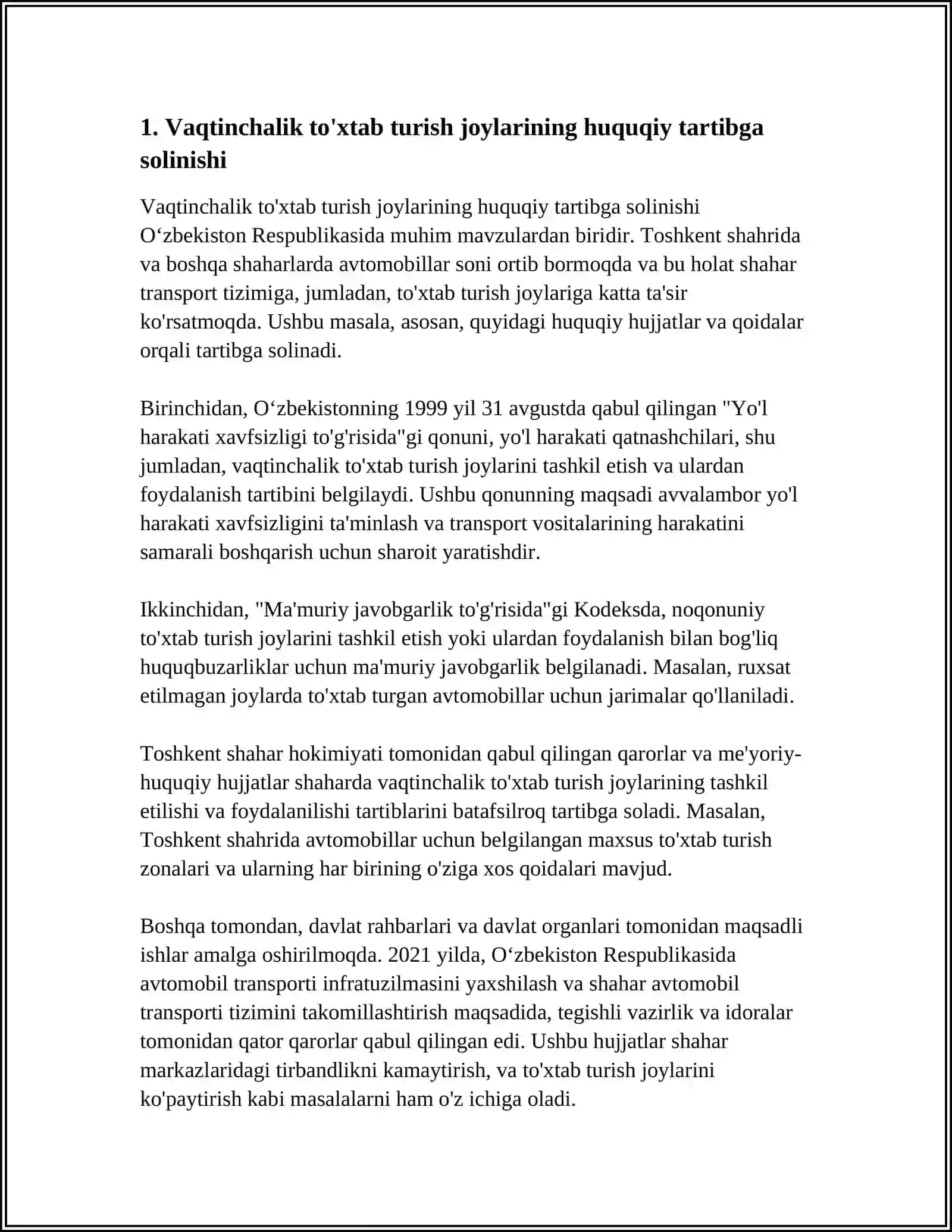 SHAHAR YO'LLARI VA KO'CHALARI MINTAQASIDA AVTOMOBILLARNING VAQTINCHALIK TO'XTAB TURISH JOYLARINI LOYIHALASH 3