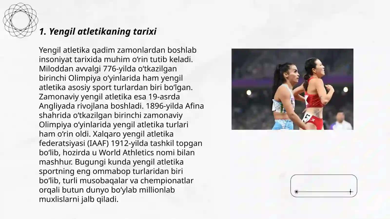 Yengil atletika. Oʻrta masofa va uning turlari haqida tushunchalarni chuqurlashtirish 3