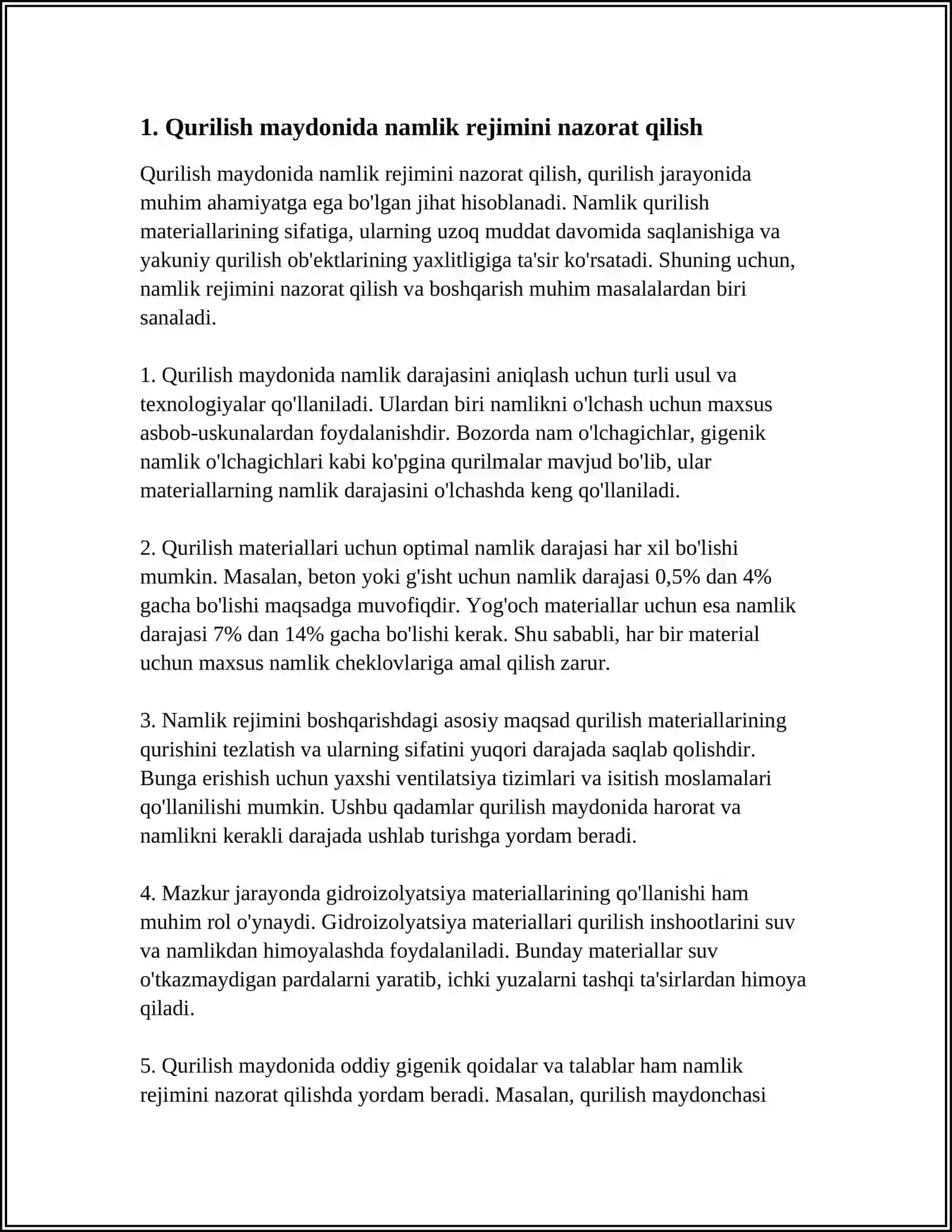 MUSTAQIL ISH Mavzu: QURILISH MAYDONINING NAMLIK REJIMI 3