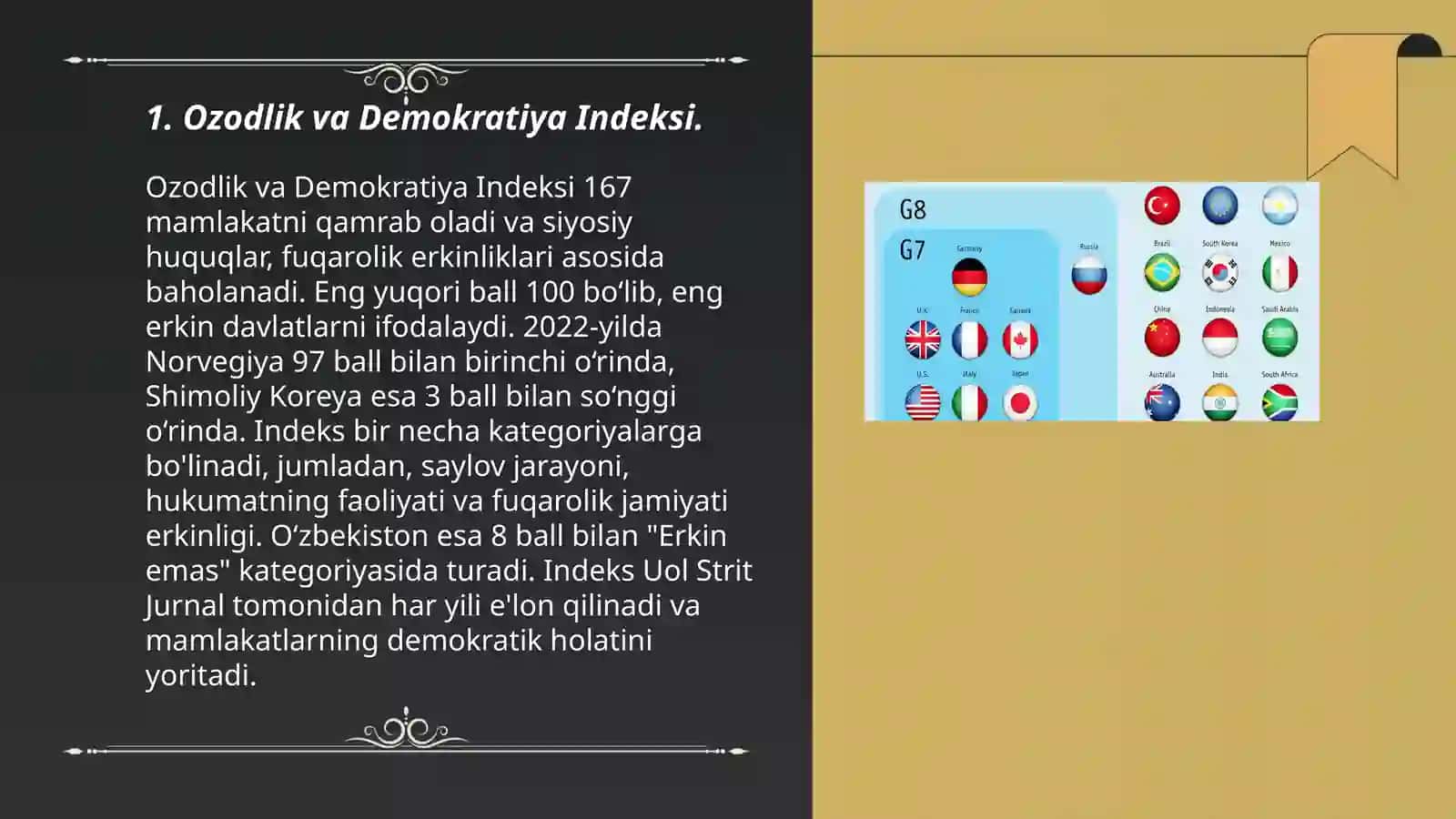 Siyosiy huquqiy sohadagi (10 ta) ustuvor halqaro reytinglar va ularga Oʻzbekistonning instegratsiyalashuvi 3