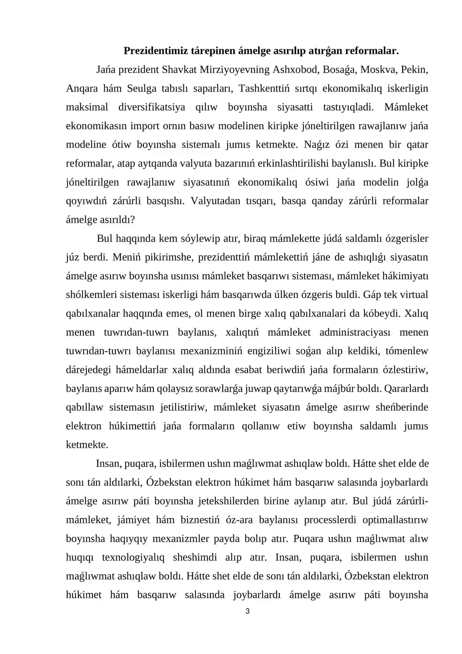 Ózbekstanda ámelge asırılıp atırġan reformalardıń jańa basqıshı 3