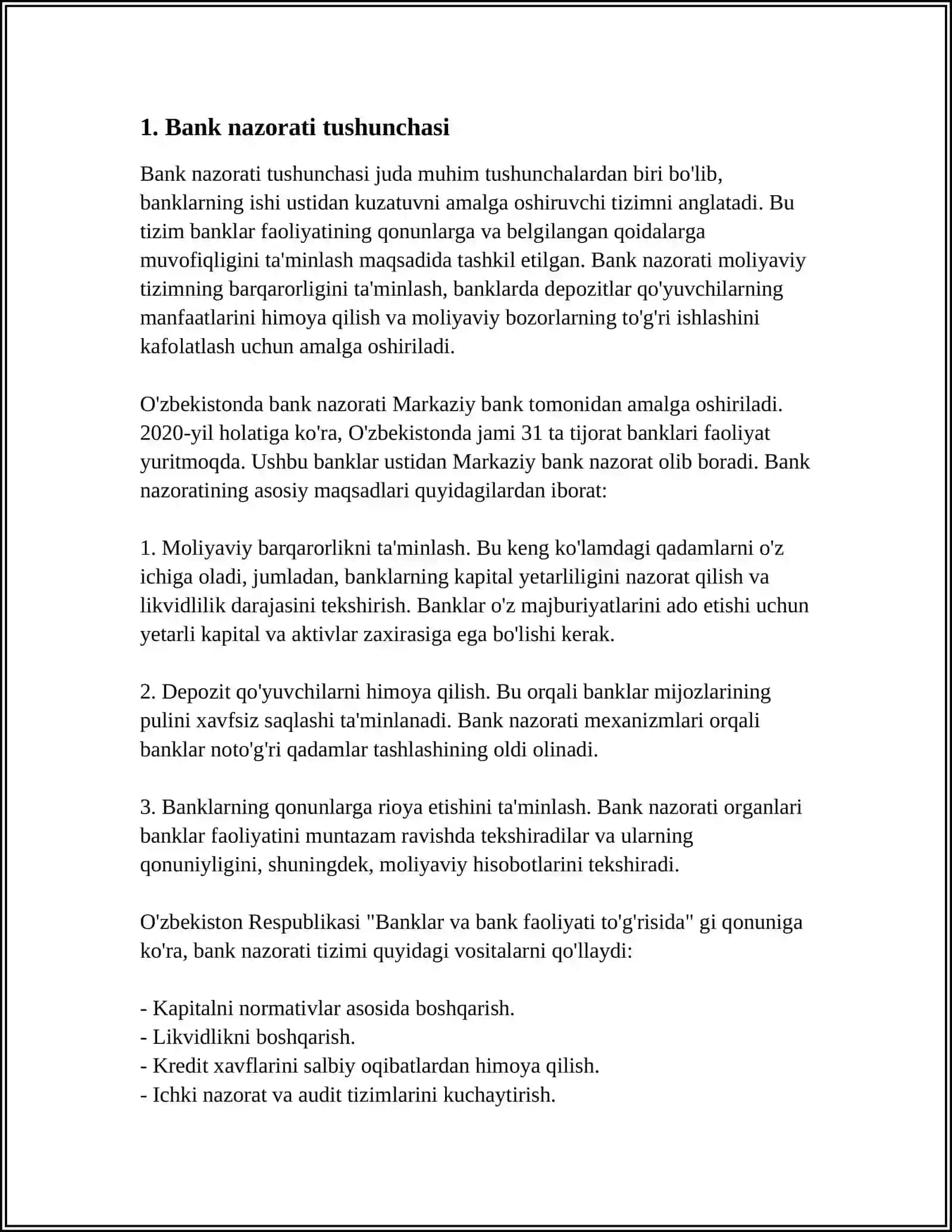MUSTAQIL ISH Mavzu: TIJORAT BANKIDA TARTIBDA SOLISH VA NAZORAT QILISH 3