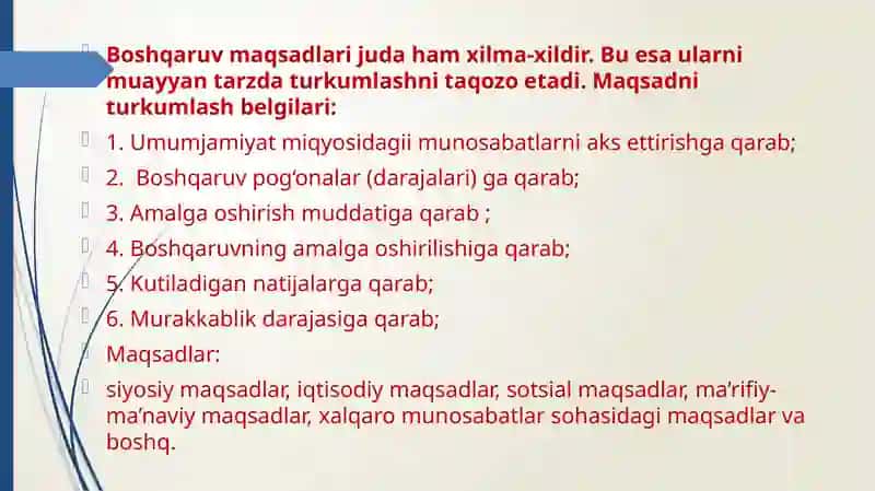 BOSHQARUV MAQSADI,FUNKSIYALARIVA TASHKILIY STRUKTURALARI 3
