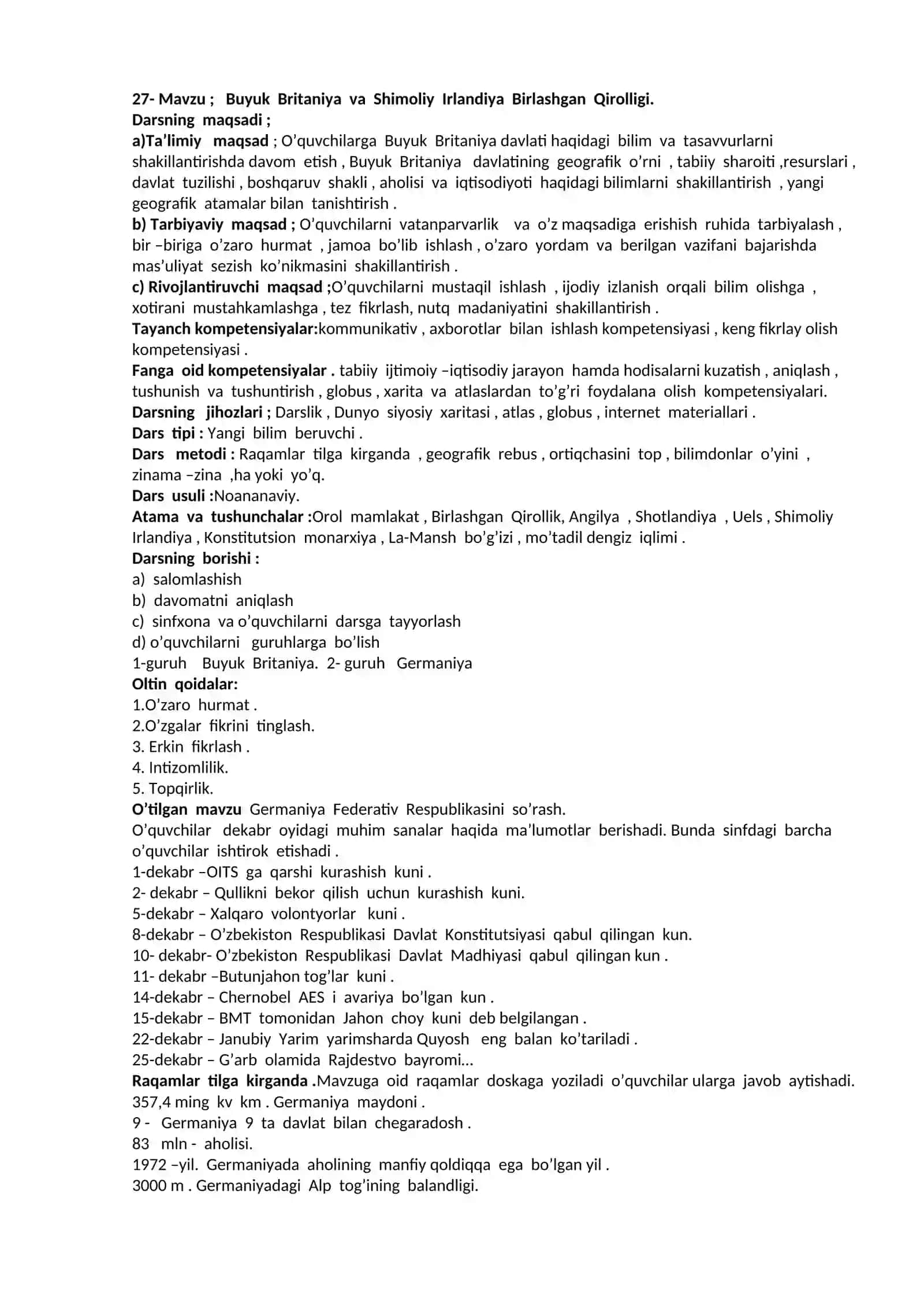 9-sinf Geografiya fani Buyuk Britaniya va Shimoliy Irlandiya Birlashgan Qirolligi dars ishlanma 3