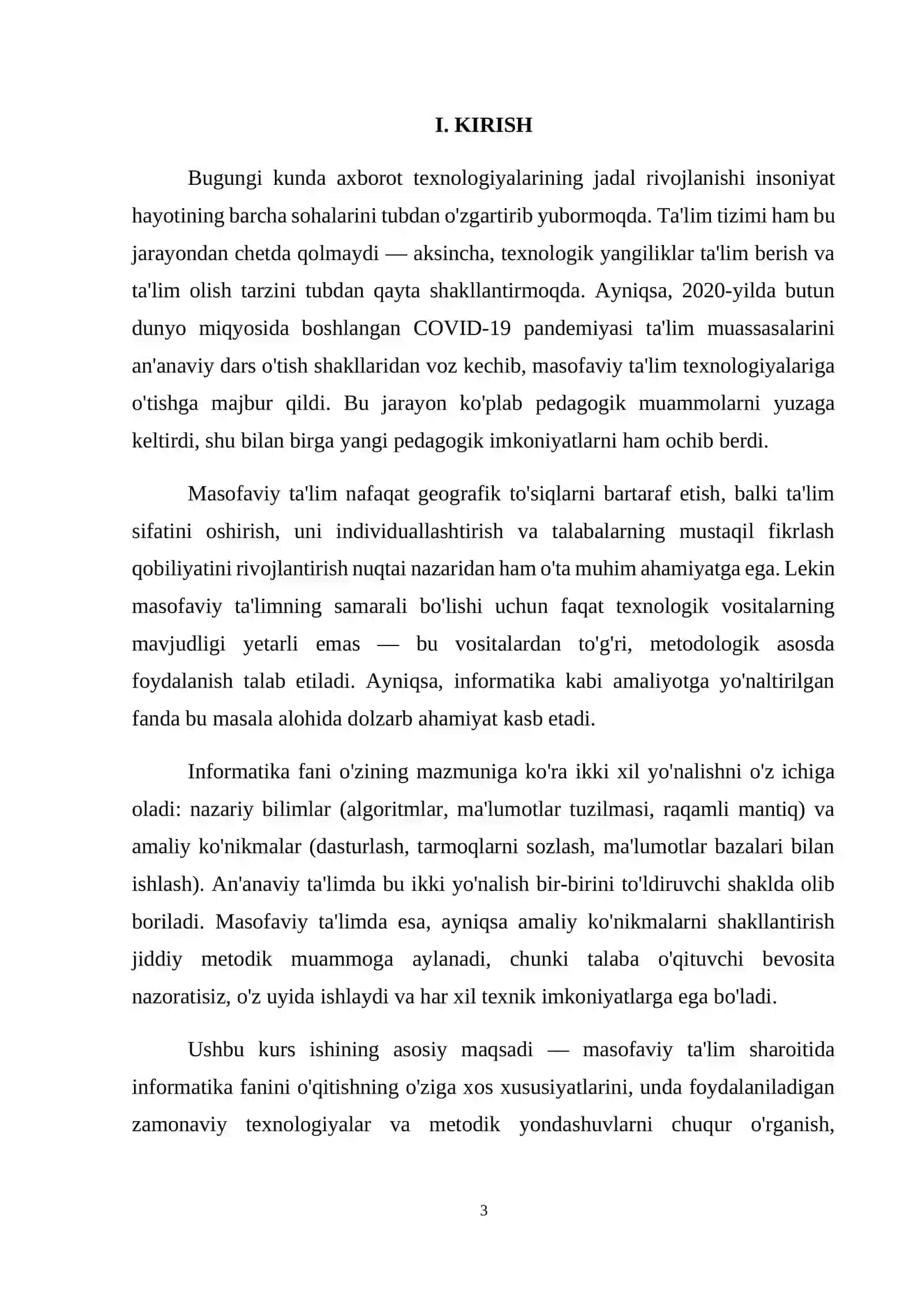 "Masofaviy ta’limda informatika fanini o‘qitish xususiyatlari" mavzusida kurs ishi 3