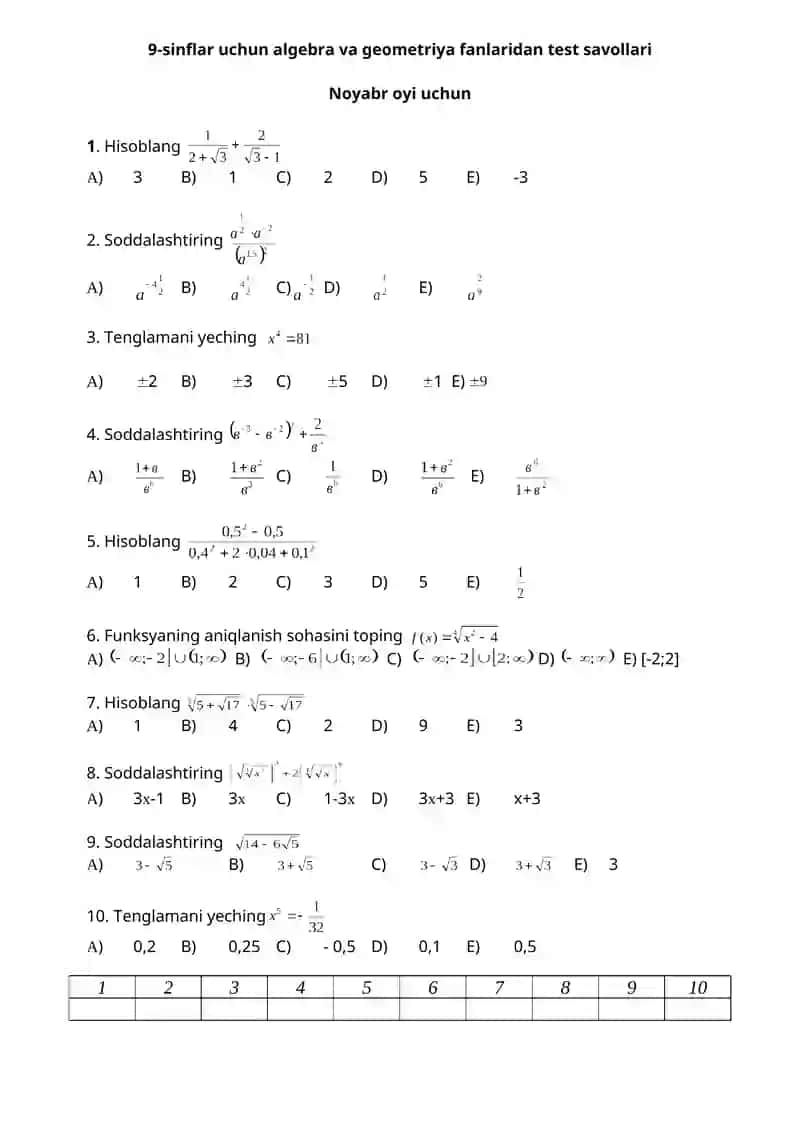 9-sinflar uchun algebra va geometriya fanlaridan test savollari (sentabrdan maygacha) 3