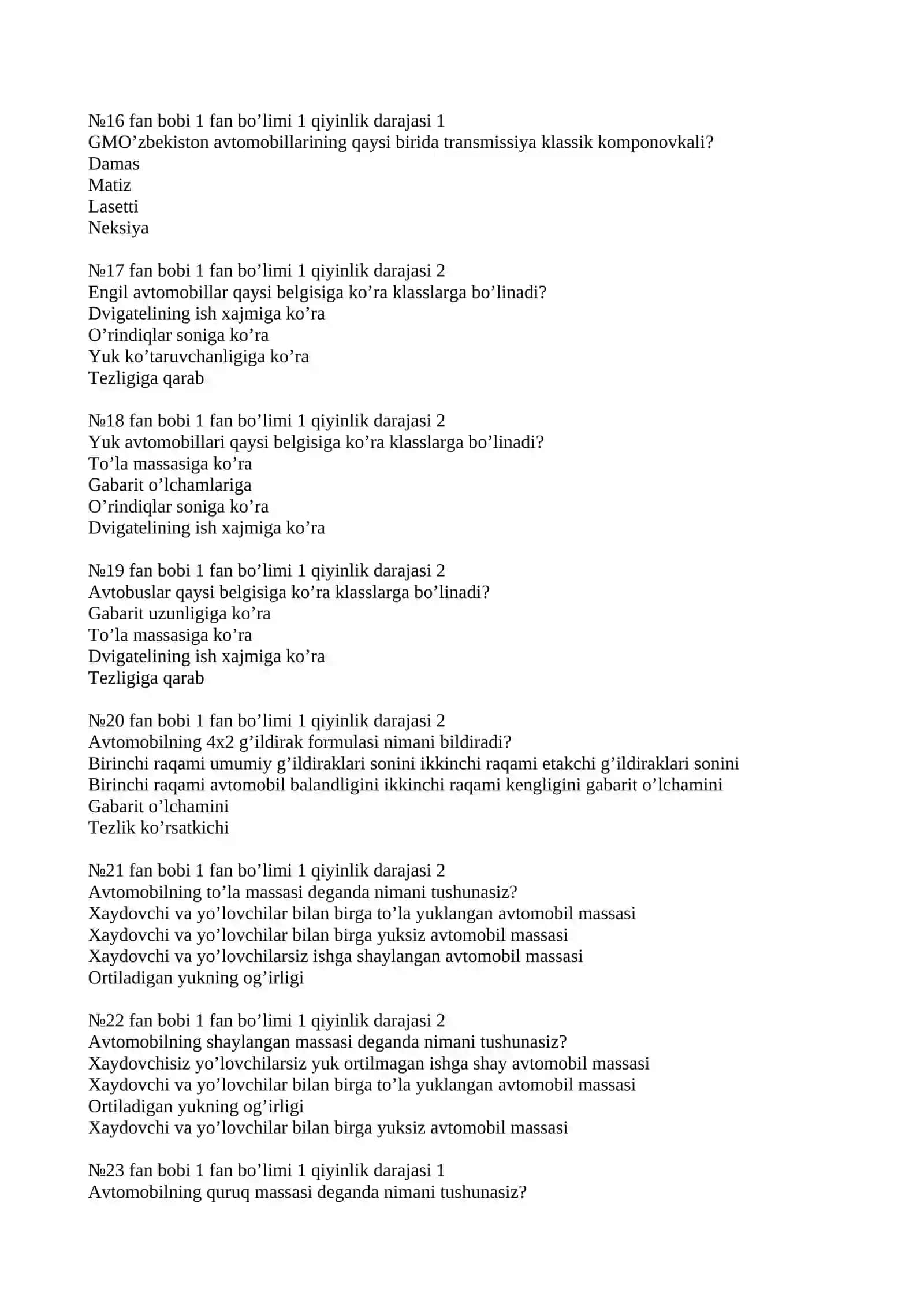 Avtomobil va dvigatel nazariyasi 200 ta test 3