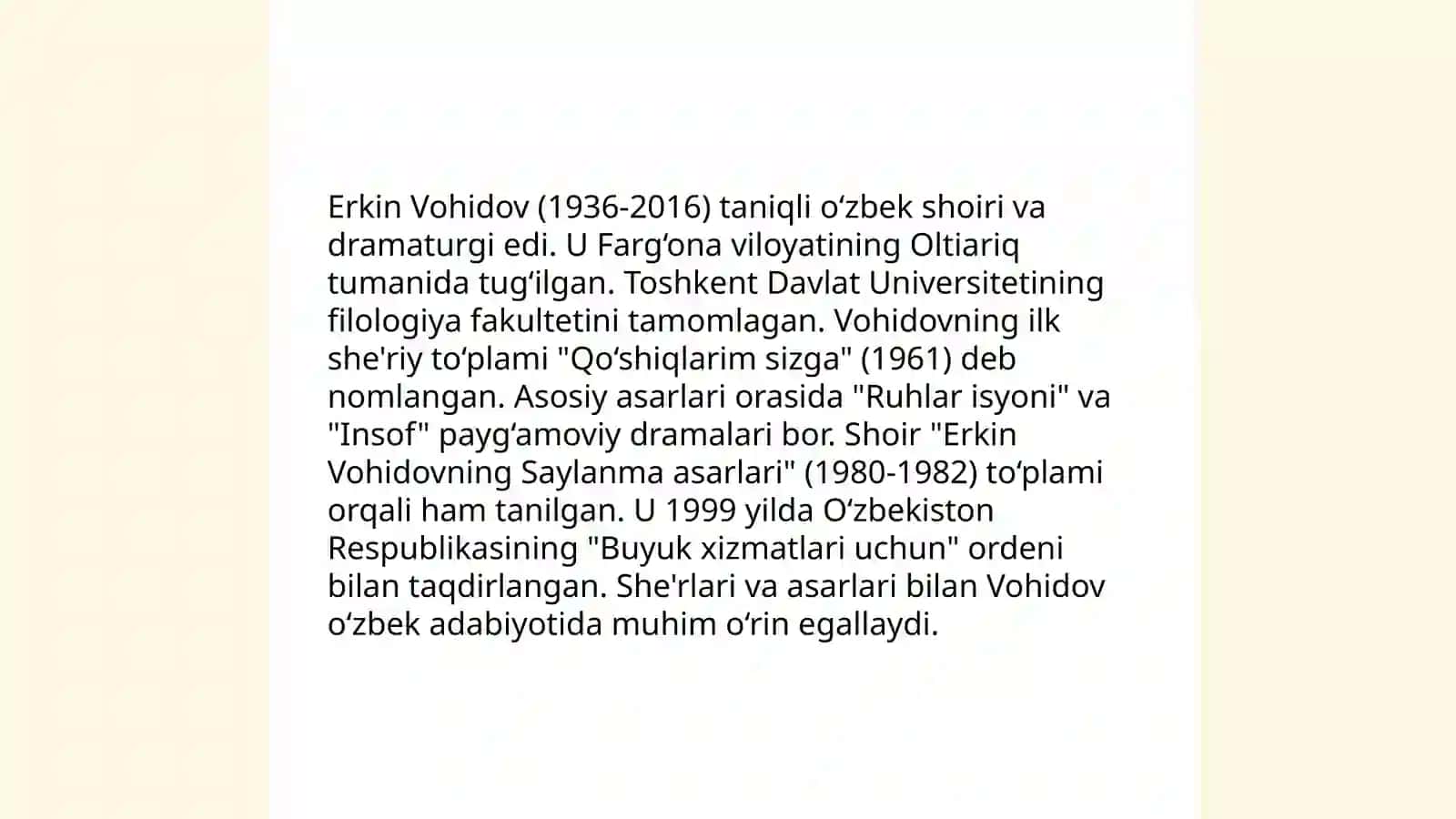 Erkin Vohidovning "Soʻz latofati" Haqida slayd 3
