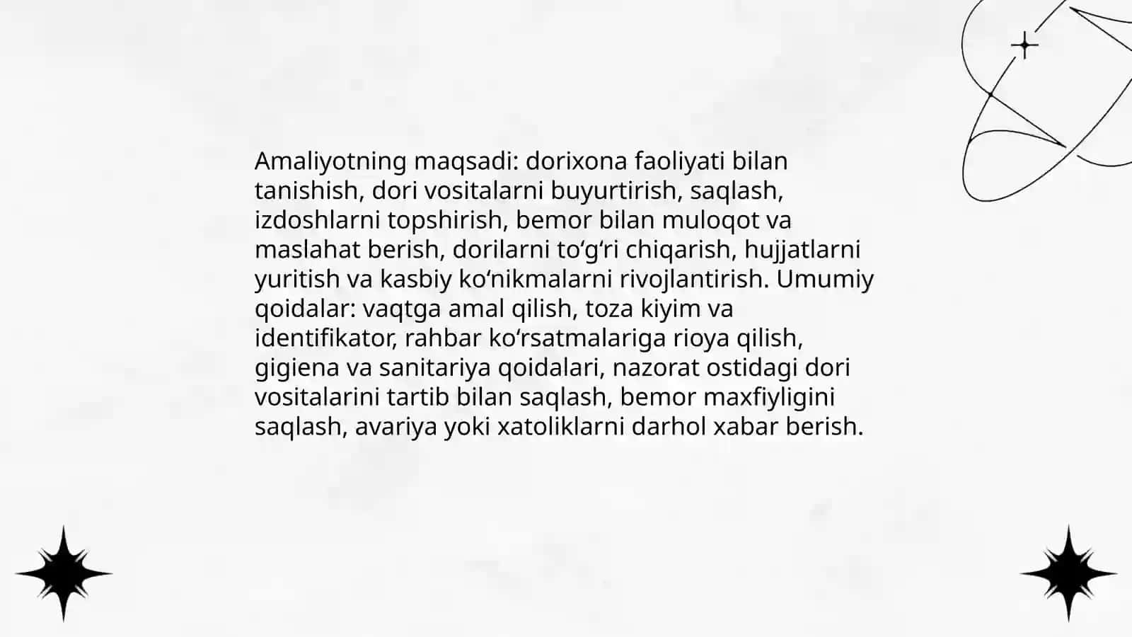 Dorixonada Amaliyotni o‘tash tartibi va rejalar hamda xavfsizlik qoidalari bilan tanishish 3