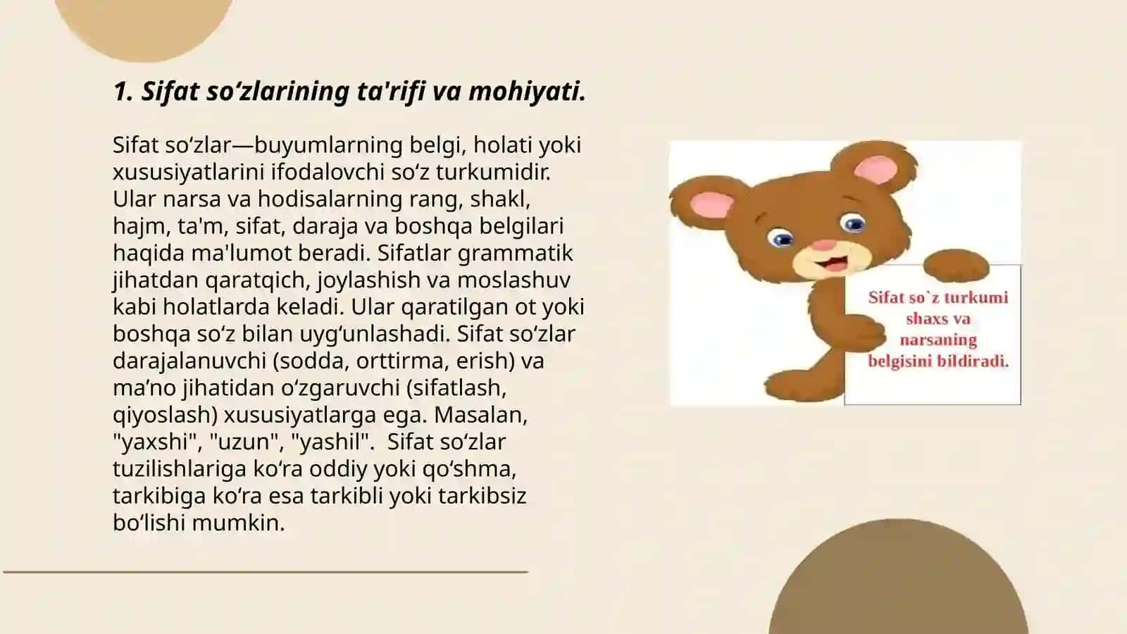 Sifat so‘z turkumini o‘rganish darslari yuzasidan 1-4 sinflar yuzasidan metodik tavsiyalar ishlab chiqish 3