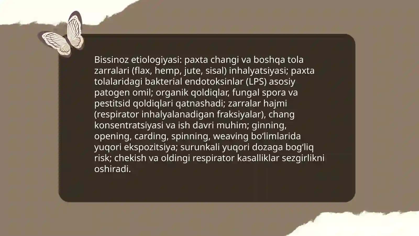 Bissinoz kasalligi. Etiologiya, patogenez, klinikasi, tekshirish usullari va davolash-profilaktikasi 3