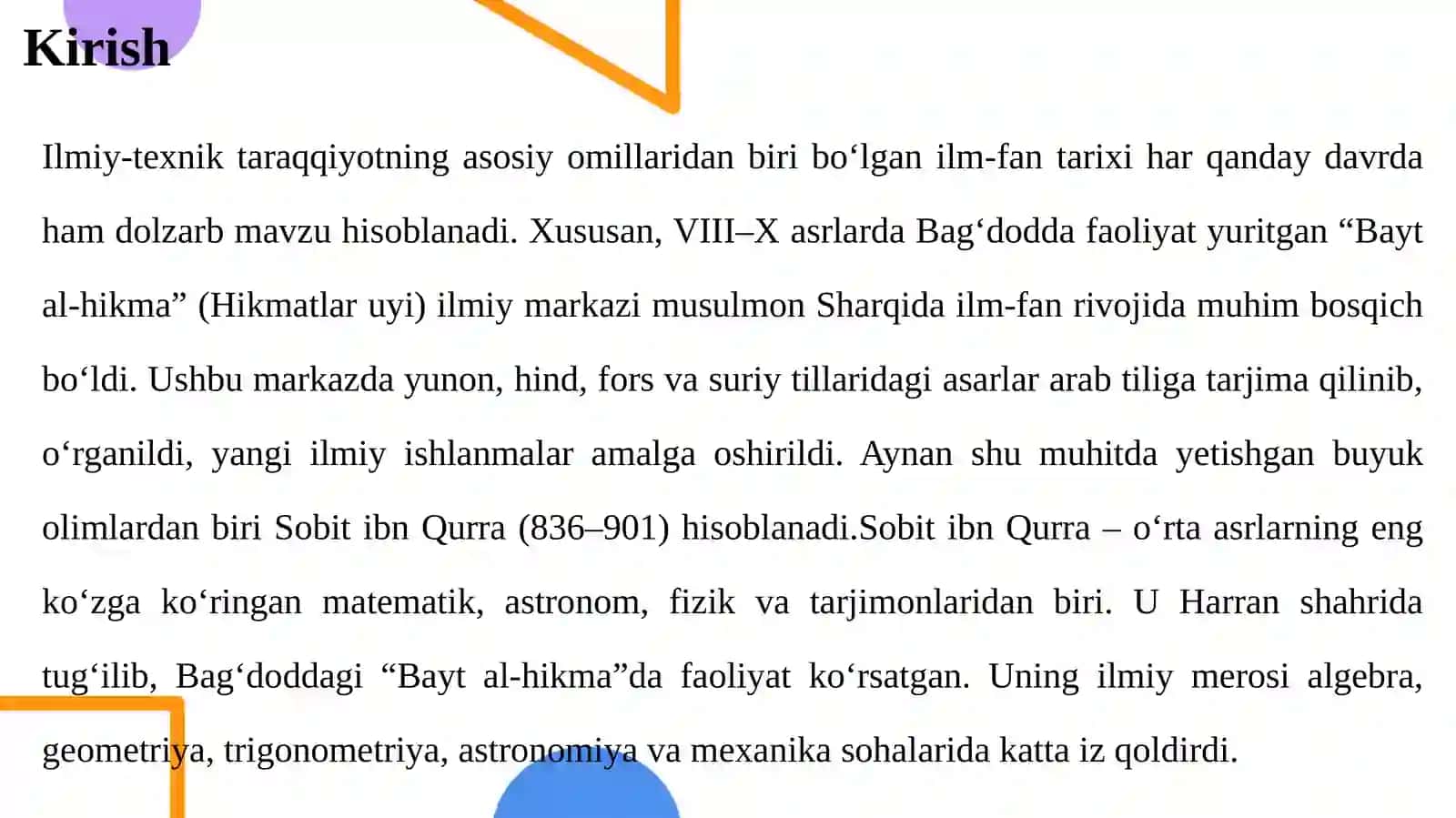 Sobit ibn Qurra (836–901)ning Bayt al-hikmadagi ilmiy faoliyati 3