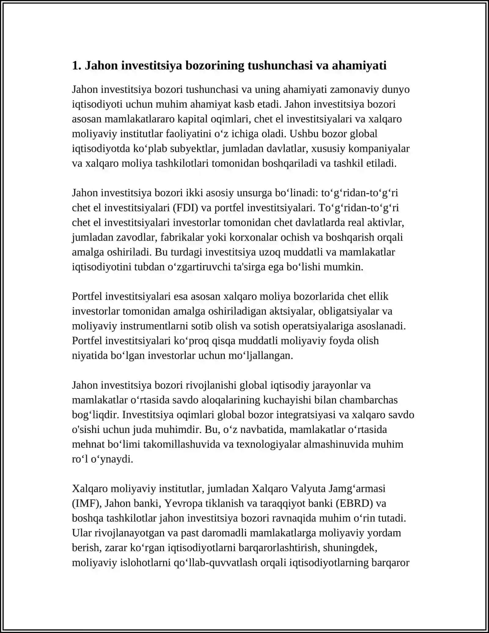 JAHON INVESTITSIYA BOZORI TUSHUNCHASI VA UNING TARKIBI 3