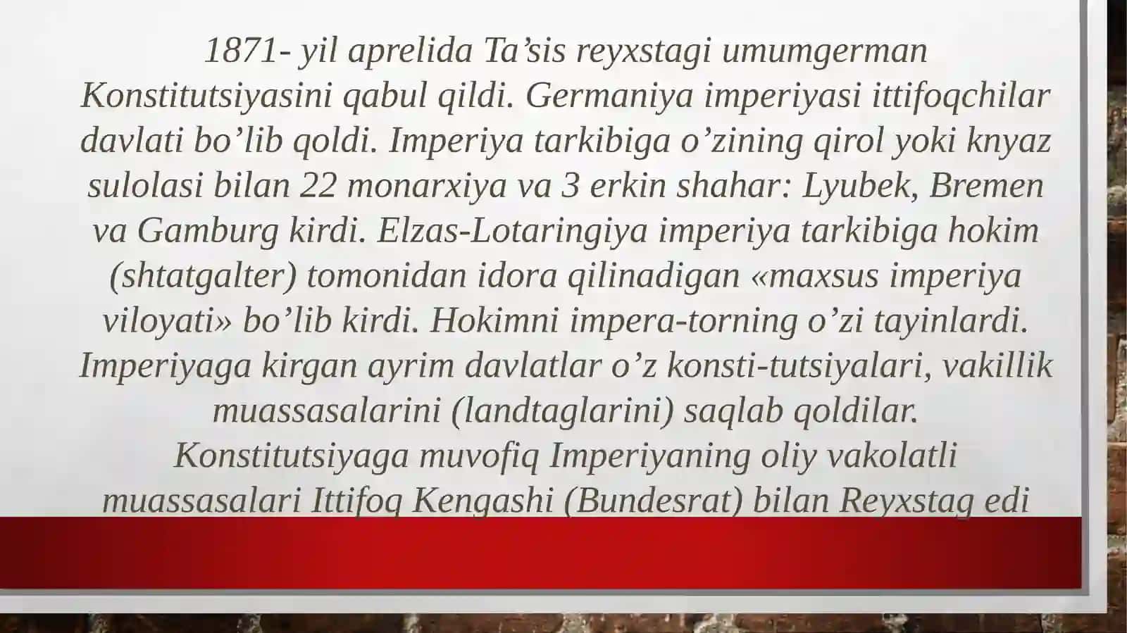 1871-yil imperiya Konstitutsiyasi. 1871-1899-yillrda Germaniya iqtisodiyotining o'sishi. Qishloq xo'jaligining o'sishi 3