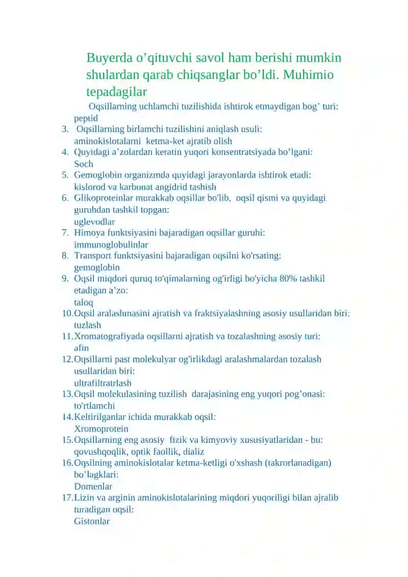 Kimyo fanini o'qituvchilari uchun test savollar to'plami 3