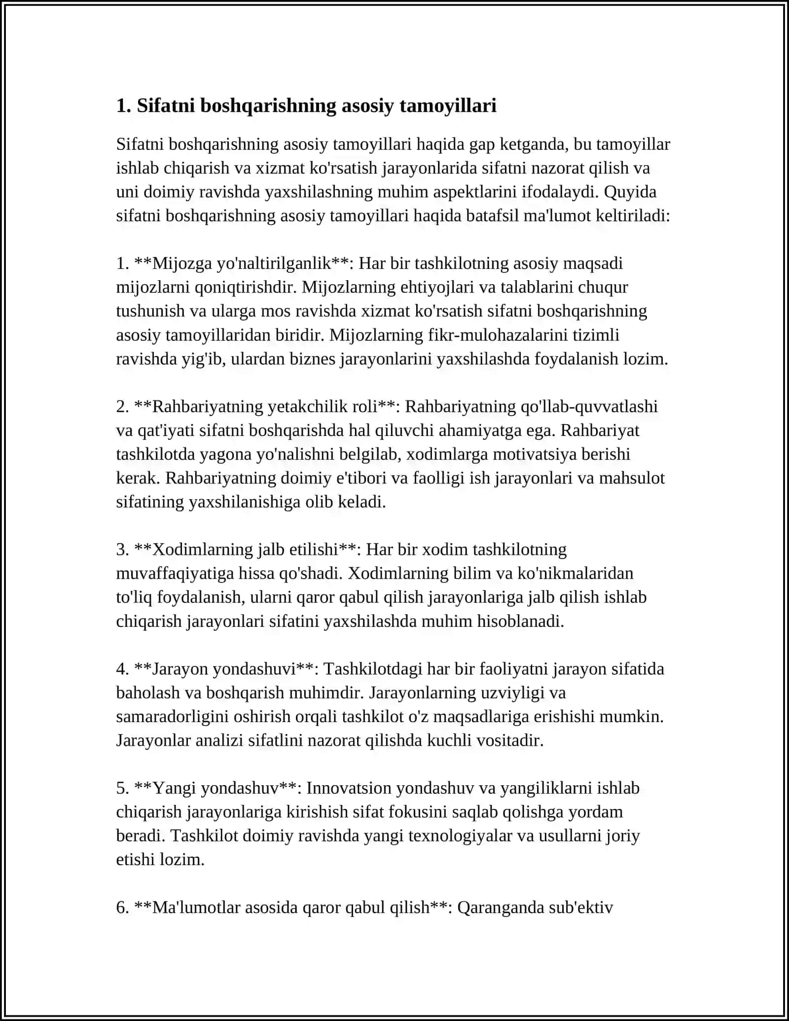 SIFATNI BOSHQARISH TAMOYILLARI. XIZMAT SIFATI VA UNI TA’MINLASH. SLA TA’RIFI VA TAMOYILLARI 3
