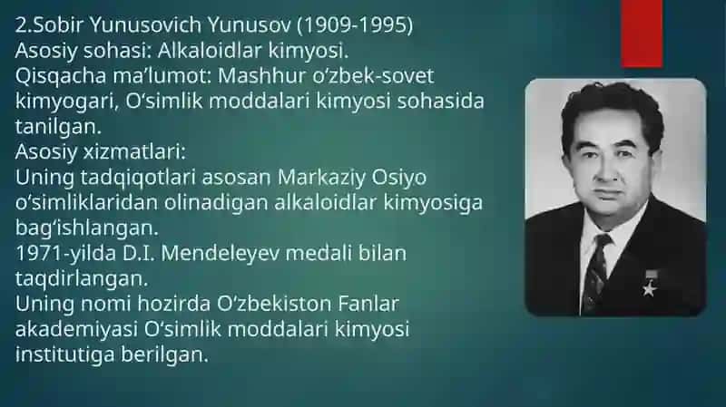 KIMYO FANINI RIVOJLANTIRISHDA O’Z HISSASINI QO’SHGAN O’ZBEKISTON OLIMLARI 3