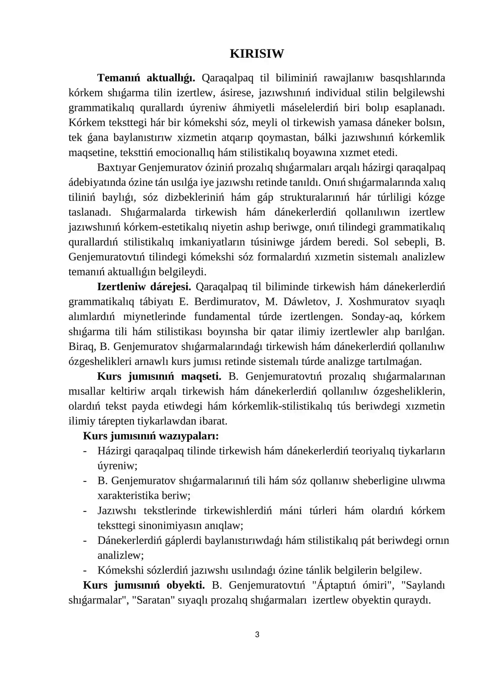 HÁZIRGI QARAQALPAQ ÁDEBIY TILI KURS JUMÍSÍ 3