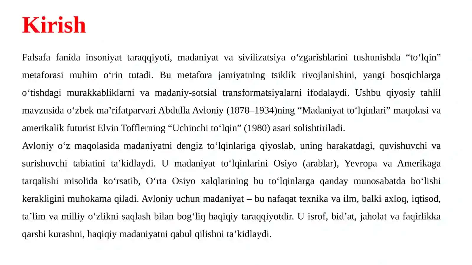 Avloniyning “Madaniyatto‘lqinlari” maqolasiva E.Tofflerning “Uchinchito‘lqin” asarini qiyosiy tahliletish 3