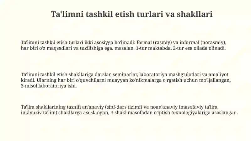 Ta'limni tashkil etish turlari va shakllari 3