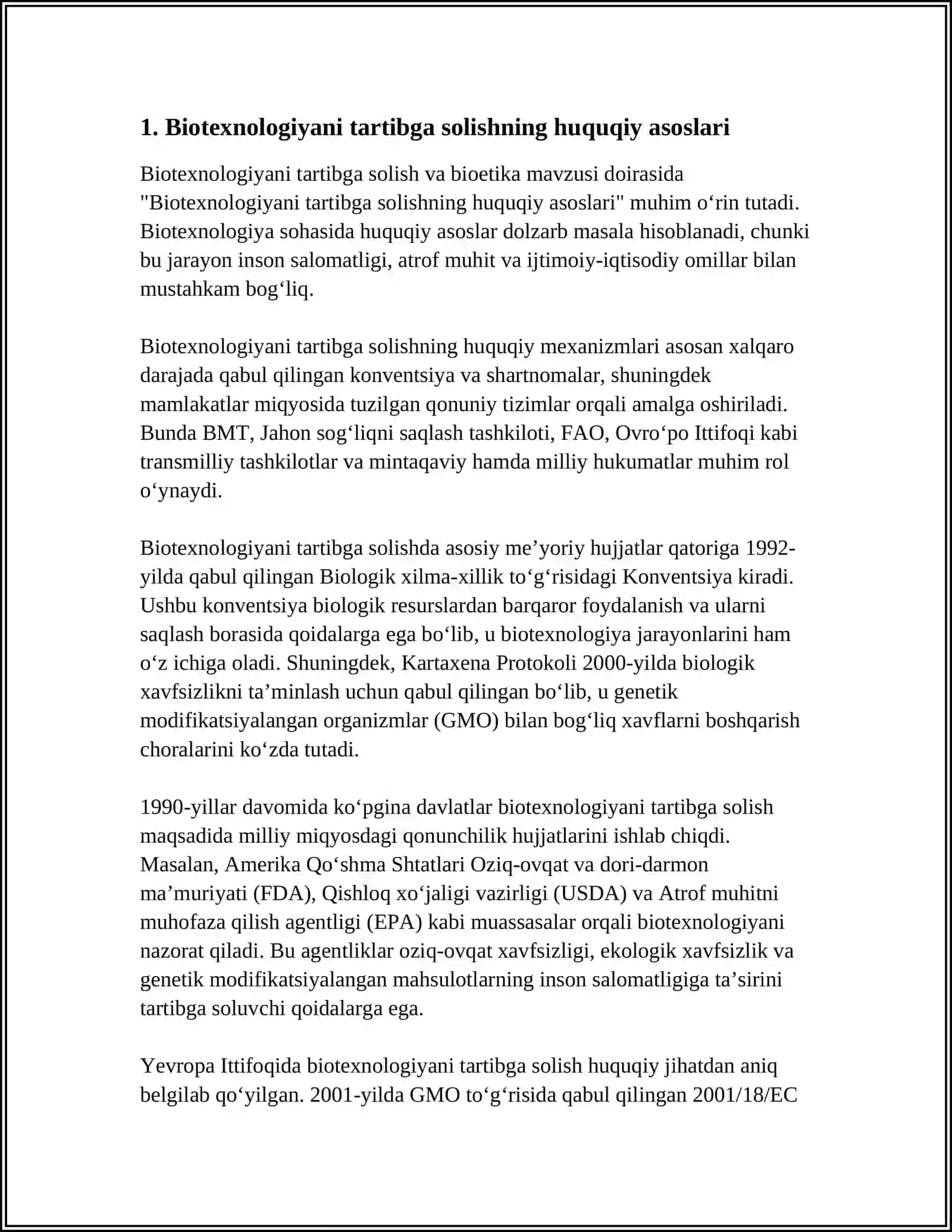 BIOTEXNOLOGIYANI TARTIBGA SOLISH VA BIOETIKA: ELSI, BIOXAVFSIZLIK VA XALQARO MEʼYORIY RAMKALAR 3