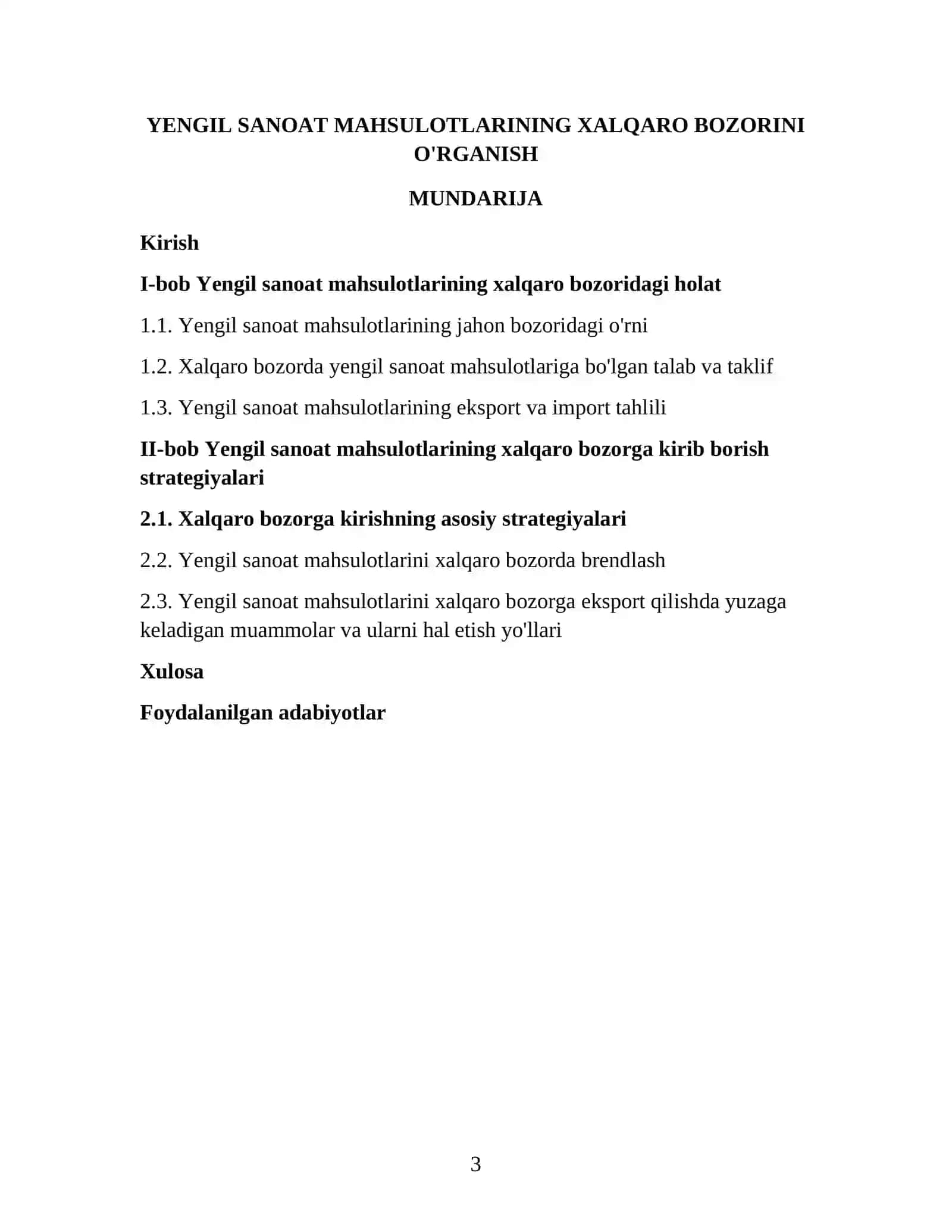 YENGIL SANOAT MAHSULOTLARINING XALQARO BOZORINI O'RGANISH KURS ISHI 3