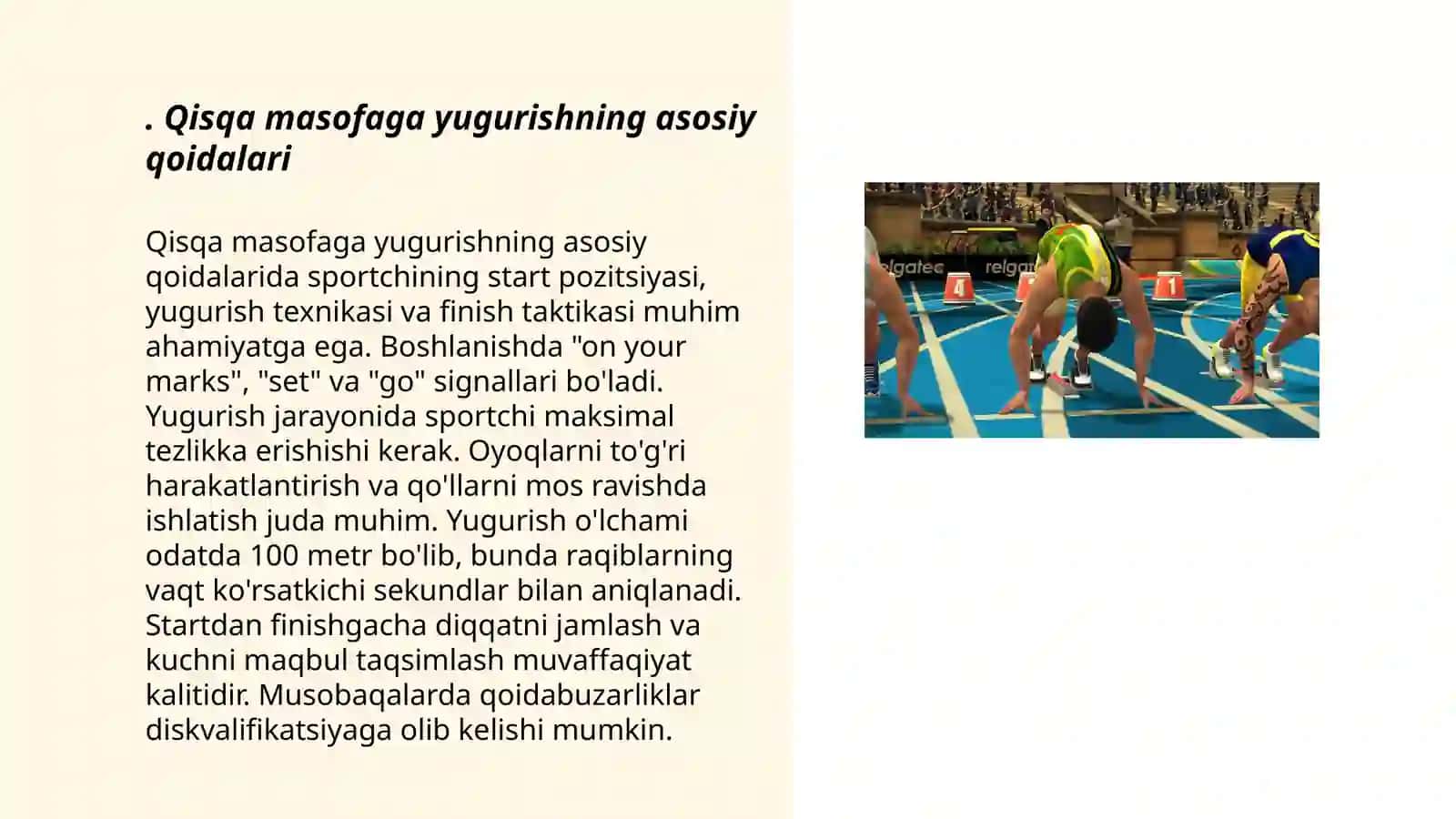 Yengil atletika. Qisqa masofaga yugurish texnikasini o’rgatish 3