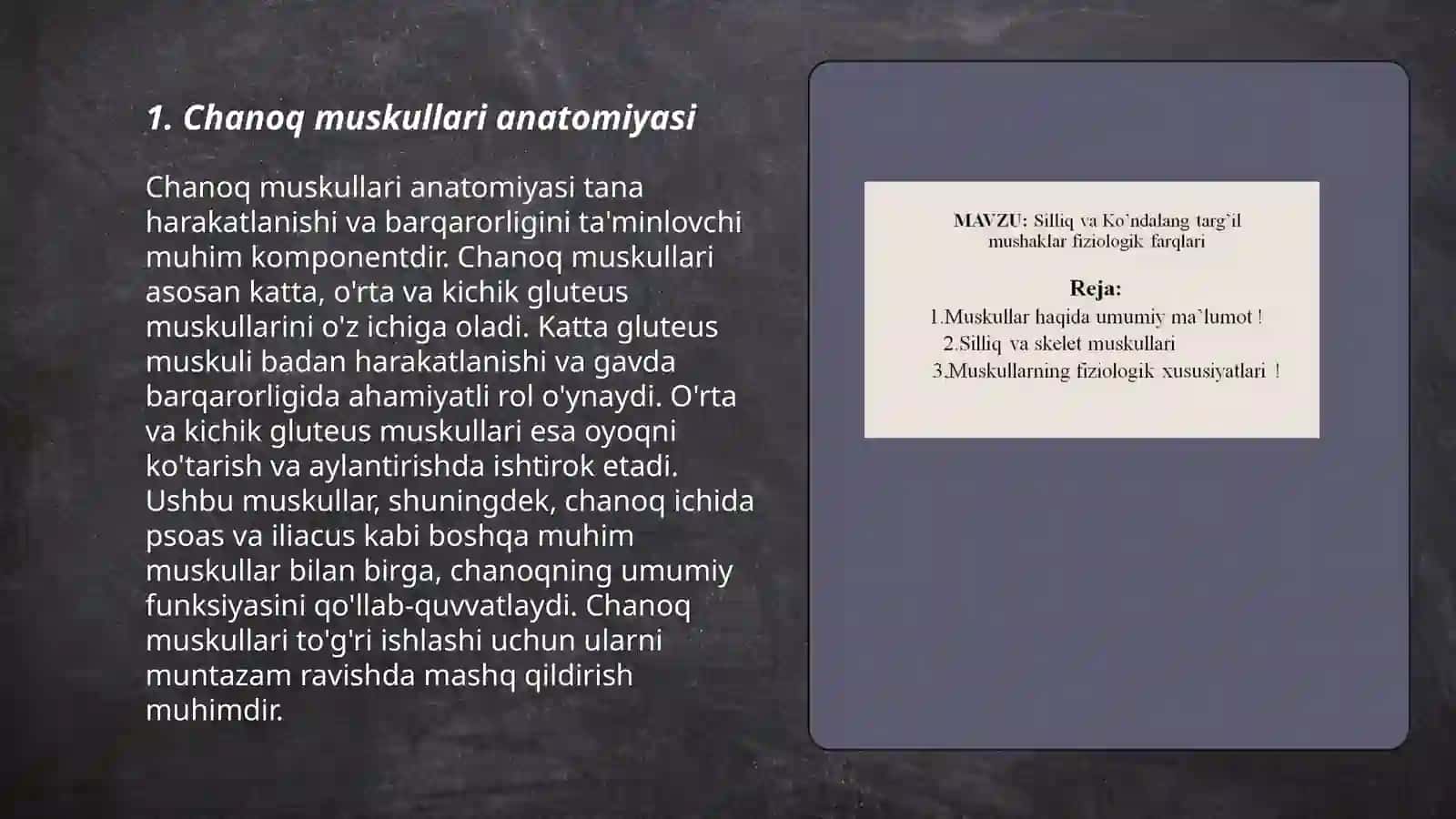 Oyoq muskullari tuzulishi: chanoq muskullari, oyoqni yozuvchi va bukuvchi muskullar, son muskullari, boldir muskullari, oyoq panja muskullari 3