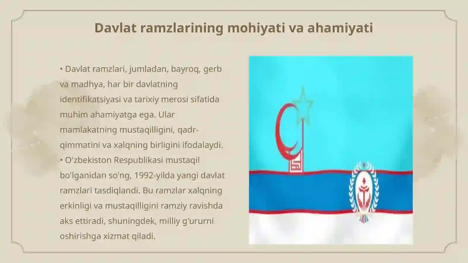Davlat ramzlari.Mustaqil O’zbekistonda hokimiyatlar bo’linishi prinsipi 3