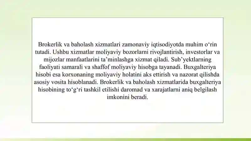 Brokerlik va baholash xizmatlarini ko‘rsatuvchi sub’yektlarda buxgalteriya hisobini tashkil etish tartibi 3