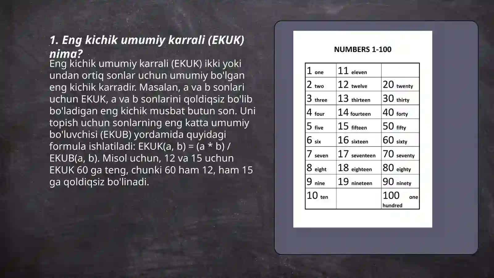 Eng kichik umumiy karrali (EKUK) va eng katta umumiy bo'linuvchi (EKUB) 3