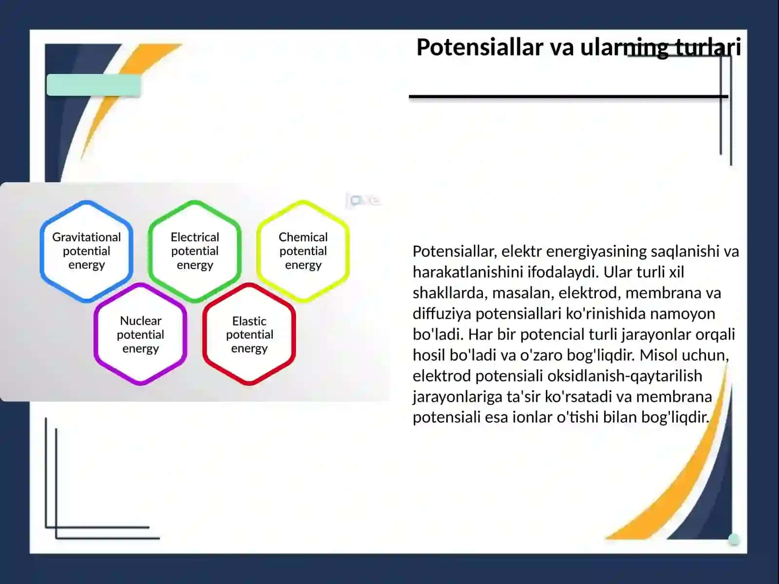 Potensiallar hosil bo'lishi. Elektrod, oksidlanish- qaytarilish, membrana, diffuziya potensiallari. 3