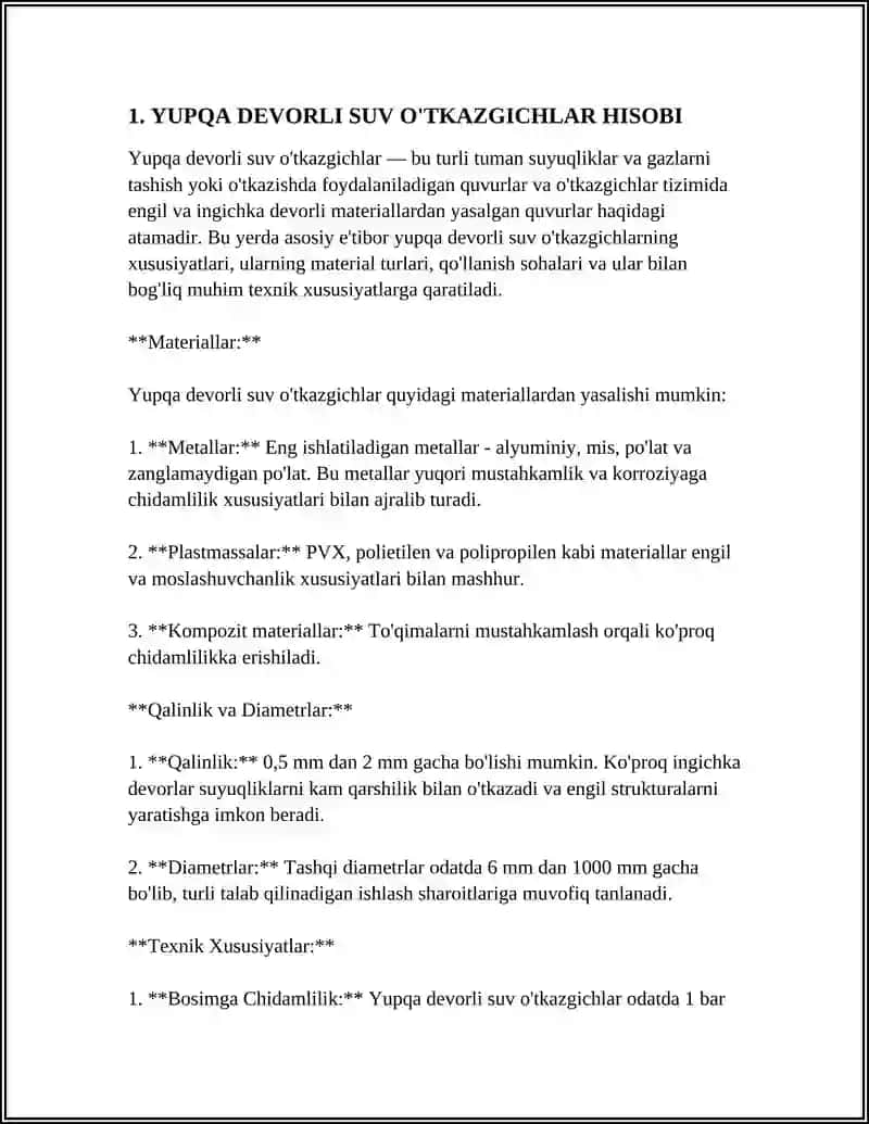MUSTAQIL ISH Mavzu: YUPQA DEVORLI PARABOLIK VA EGRI CHIZIQLI SUV OTKAZGICHLAR HISOBI 3