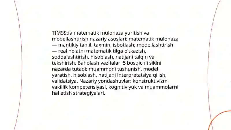 TIMSS xalqaro baholash dasturida matematik mulohaza yuritish va muammoni hal qilish (modellashtirish) orasidagi bog'lanish sikli 3