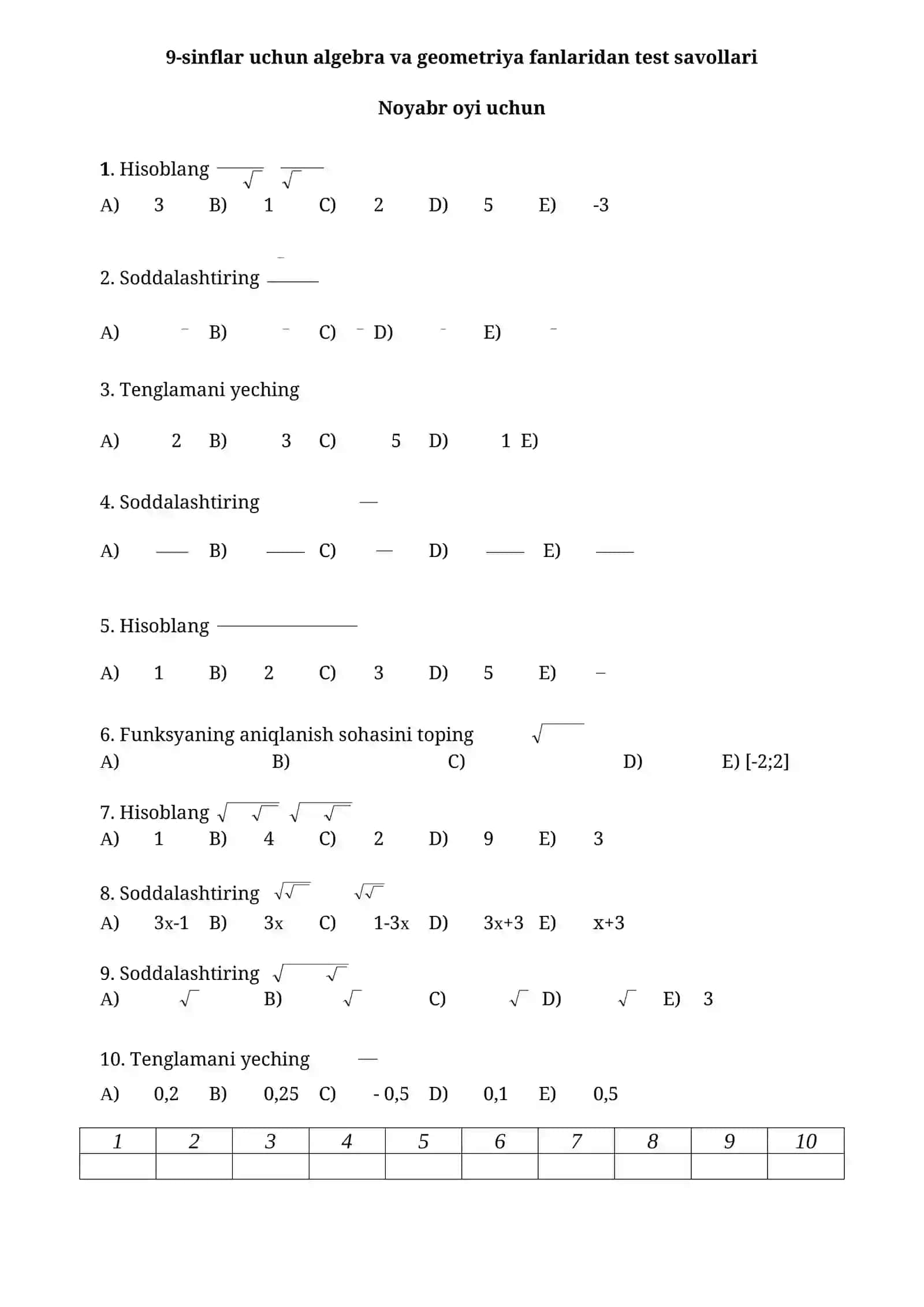 9-sinflar uchun algebra va geometriya fanlaridan test savollari 3