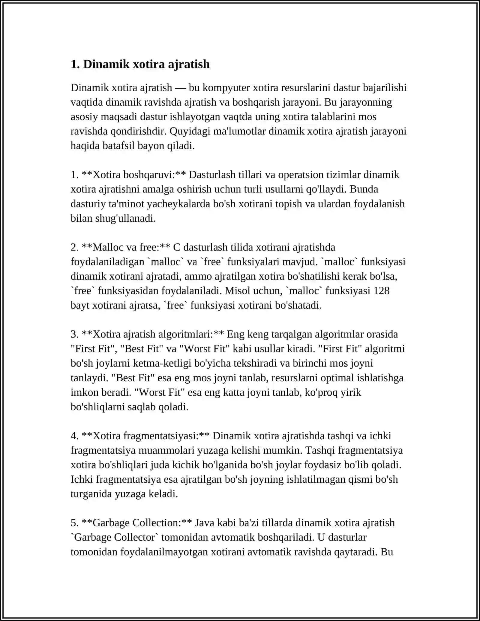 XOTIRA AJRATUVCHI FUNKSIYALAR BILAN ISHLASH (MALLOC(), CALLOC(), FREE() 3