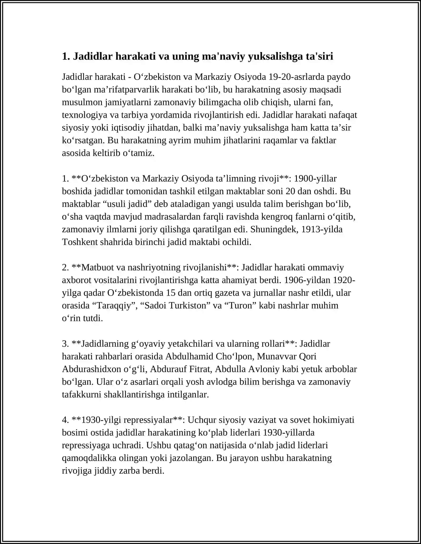 JADID MA'RIFATPARVARLARINING O'LKA IJTIMOIY-MA'NAVIY HAYOTIDA TUTGAN O'RNI (MUNAVVAR QORI, FITRAT, BEHBUDIY, AVLONIY VA BOSHQALAR) 3