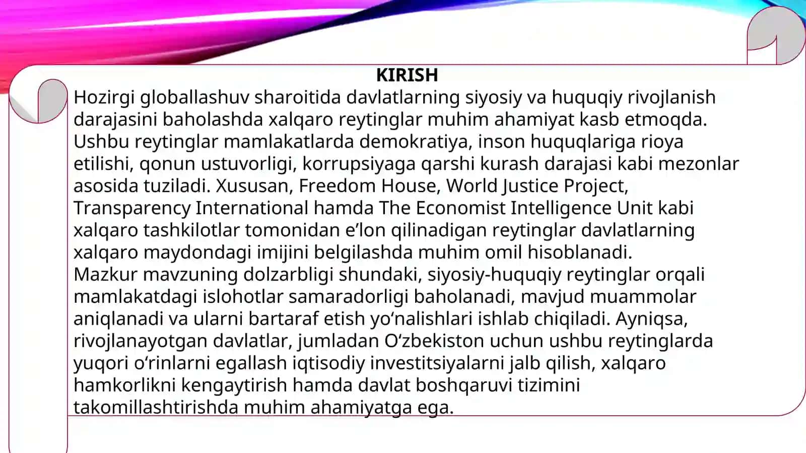 Siyosiy huquqiy sohadagi ustuvor xalqaro reytinglar 3