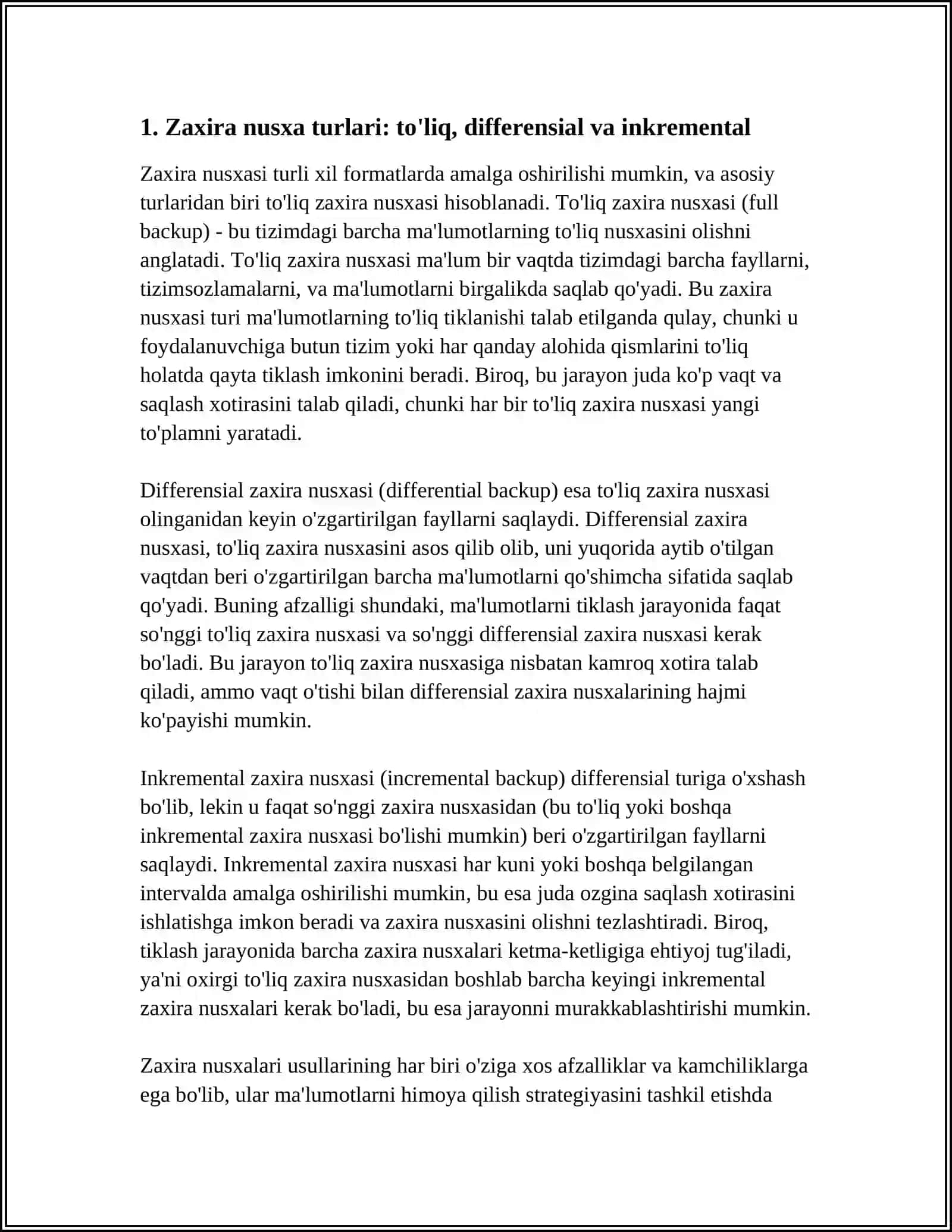 ZAXIRA NUSXA OLISH (BACKUP) VA MA’LUMOTLARNI TIKLASH STRATEGIYALARI 3