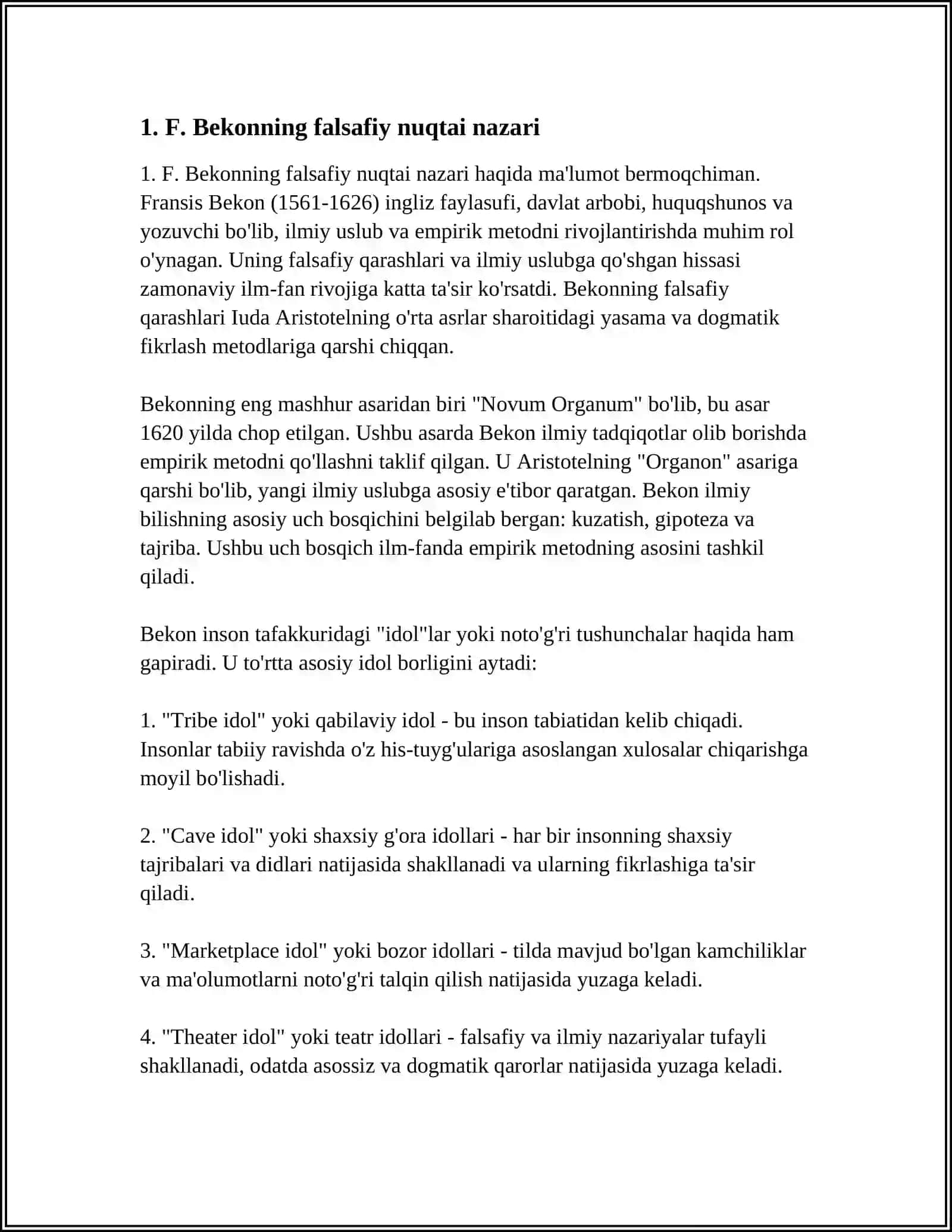 MUSTAQIL ISH Mavzu: F. BEKONNING BUTLAR NAZARIYASI 3