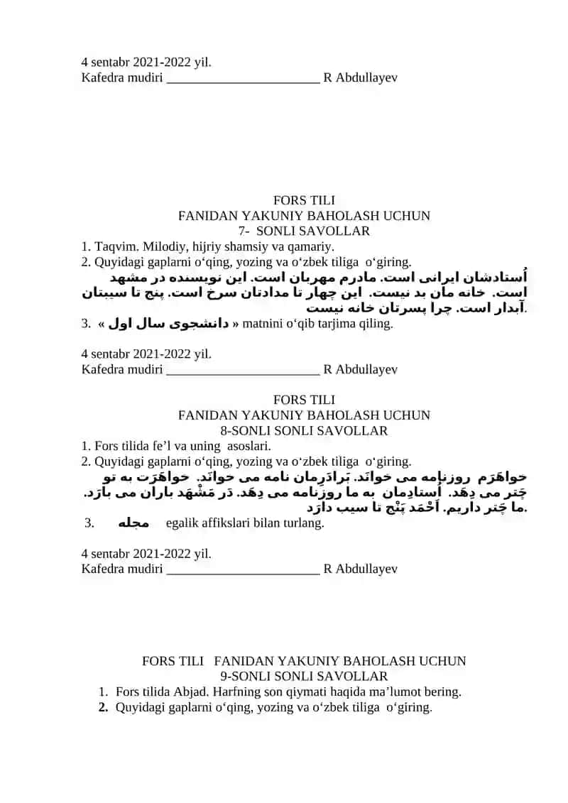 Fors Tili Fanidan Yakuniy Baholash Uchun 3