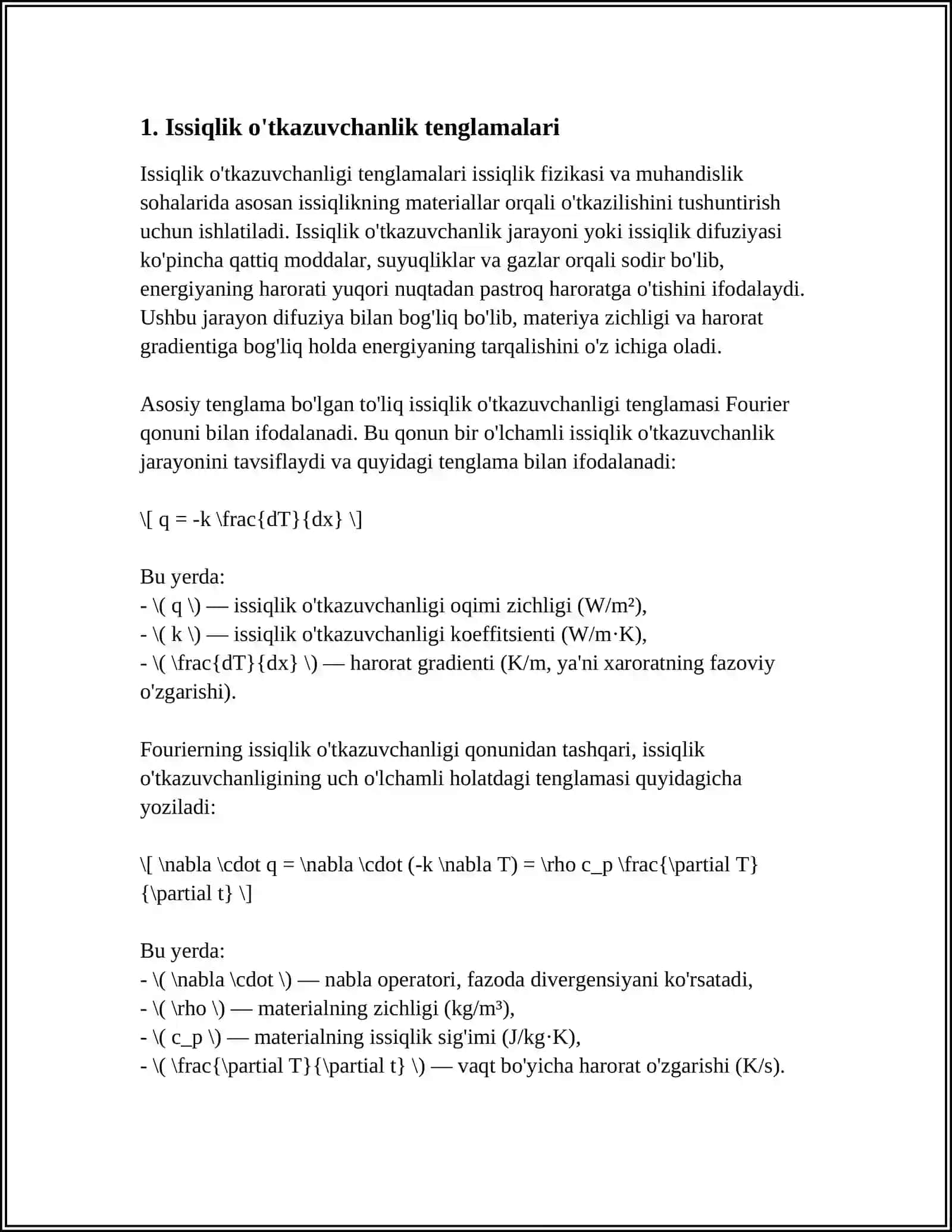 MATLAB DASTURI YORDAMIDA BIR OʻZGARUVCHILI ISSIQLIK TARQALISH 3