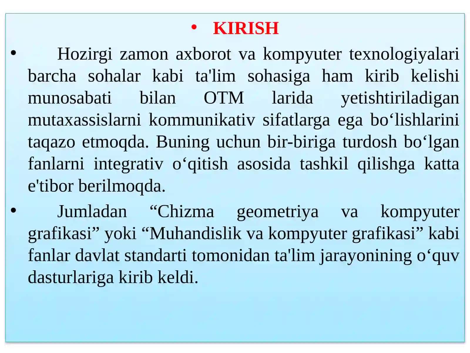 “Muhandislik va kompyuter grafikasi” fani fazoviy shakllarni tekislikda tasvirlashning proyeksiyalar metodi.  Nuqta,  Monj epyuri, chorak, oktant, epyur. 3