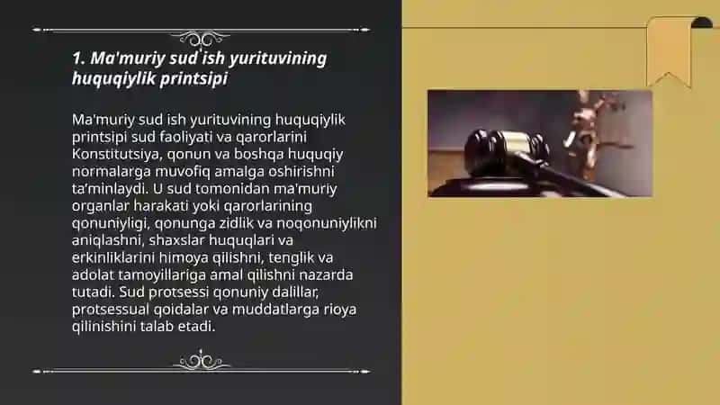 MA'MURIY SUD ISH YURITUVINING ASOSIY PRINSIPLARI,SUDNING TARKIBI VA SUD PROTSESSIDA RAD QILISH MASALALARI 3