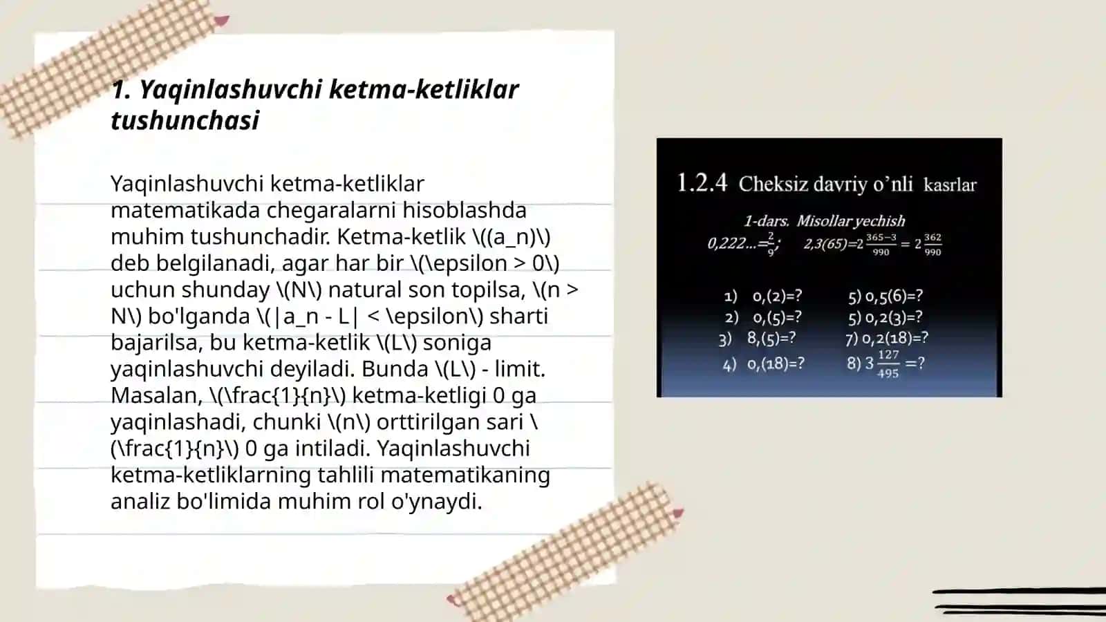 Yaqinlashuvchi ketma-ketliklarning xossalari va unga oid misollar 3