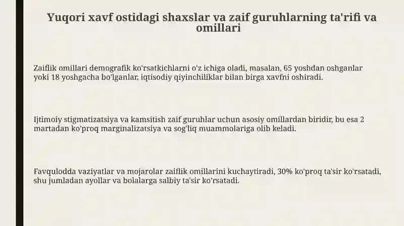Yuqori xavf ostidagi shaxslar va zaif guruhlarning ta'rifi va omillari 3