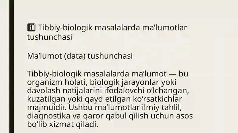 Tibbiy-biologik masalani yechish misolida ma’lumotlarni tashkil qilish va kiritish. 3