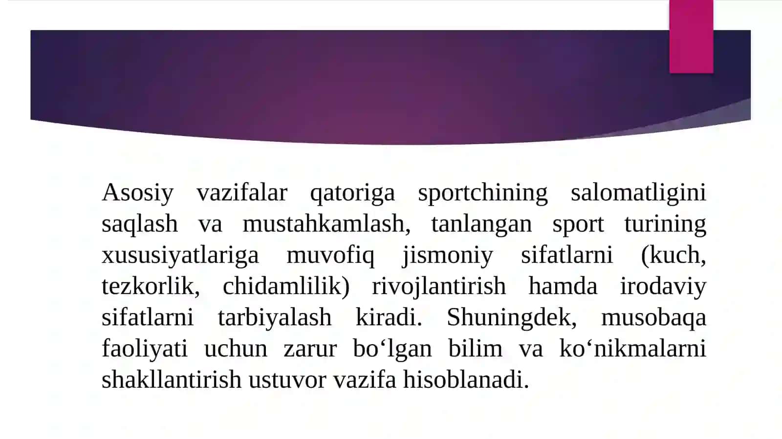 Sport mashg‘ulotlarining asosiy tomonlari mavzusida tayyorlagan 3