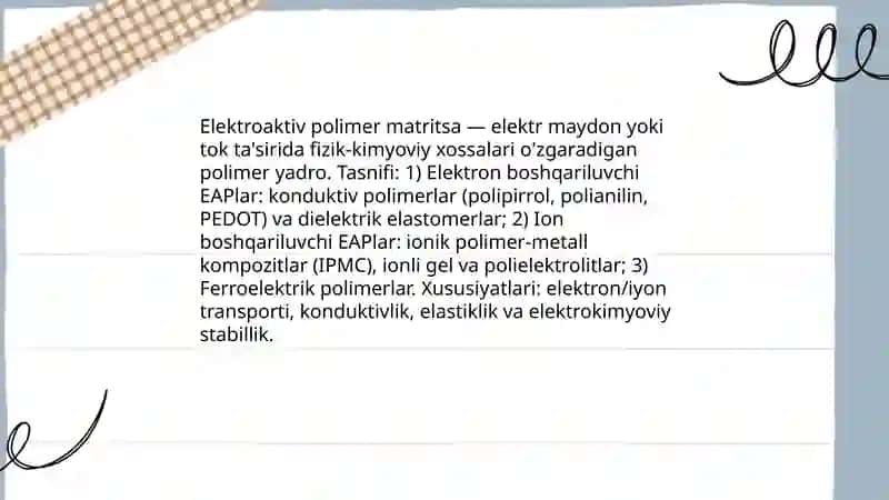 Elektroaktiv polimer matritsalar - xususiyatlari, xossalari va qo'llanish sohasi 3